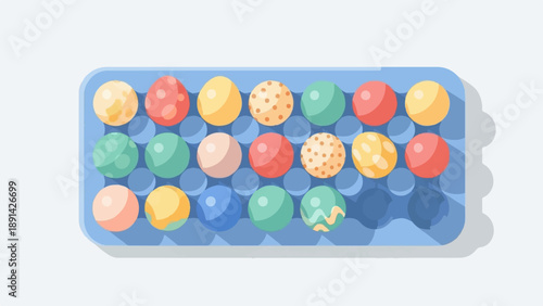 Colorful round objects in a blue tray with shadows
