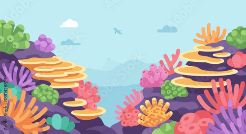 Colorful, stylized underwater scene with coral, sea plants, and sky