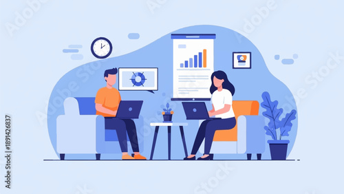 Colleagues collaborating on laptops in a modern office space with charts