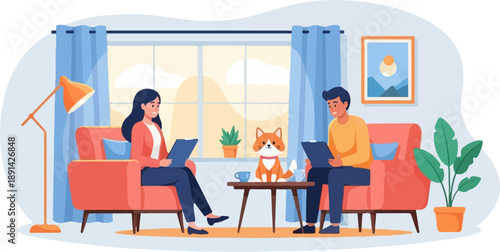 Couple and pet relax in living room with houseplants and artwork