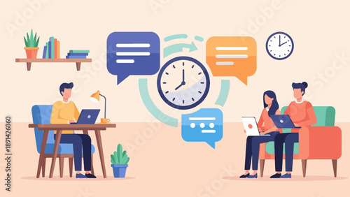 Colleagues collaborating remotely on laptops, with chat bubbles and clocks symbolizing communication and time management