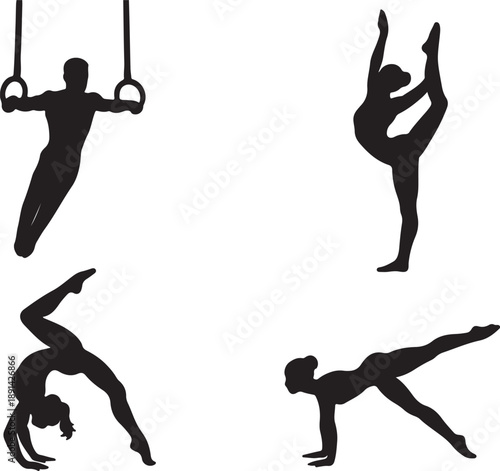 Gymnasts performing on rings and floor in various athletic poses representing gymnastics flexibility strength balance silhouette vector illusrtration