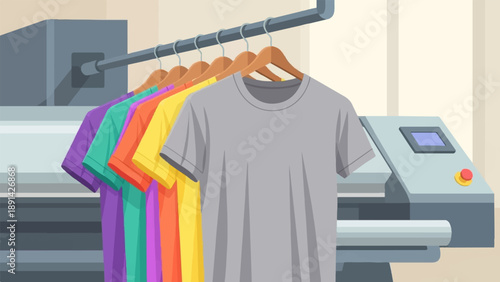 Colorful t-shirts hang on a rack in front of printing equipment