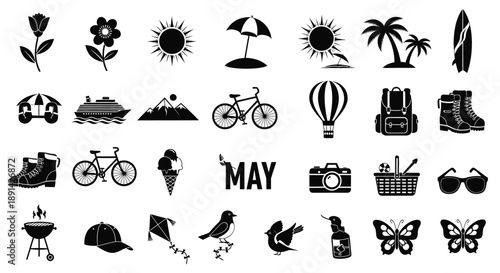 Summer vacation activities and travel icons in may