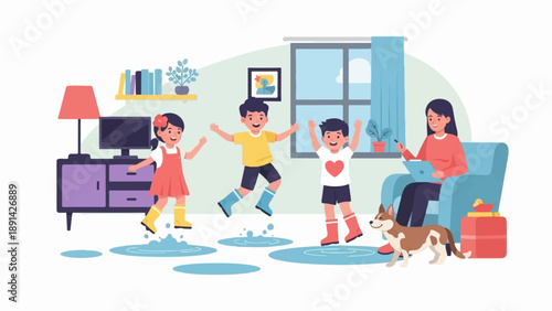 Children splash in indoor puddles while a woman watches and a dog plays