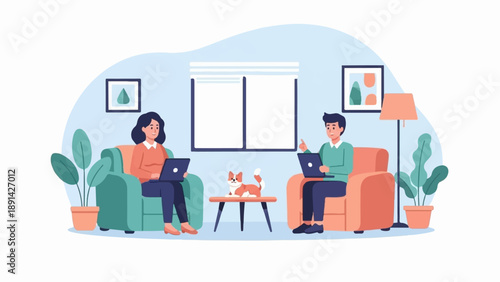 Couple and pet relax on sofas, working on laptops at home