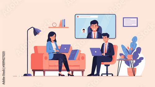 Colleagues work remotely on laptops, participating in a video conference call