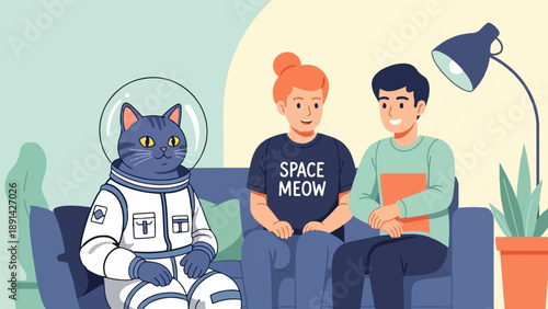 Cat in spacesuit with friends on couch