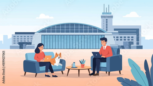 Casual work environment with a dog, two people on laptops, and modern building