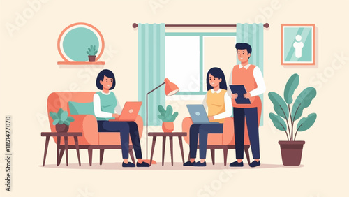 Casual team meeting in a modern living room with laptops