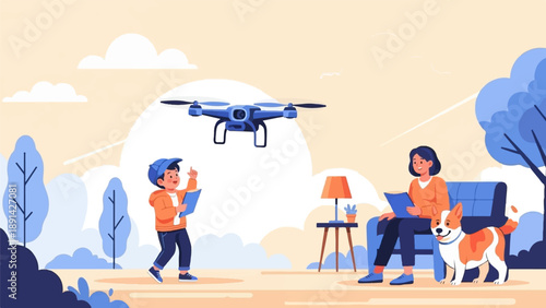 Child operates drone while woman reads with dog nearby