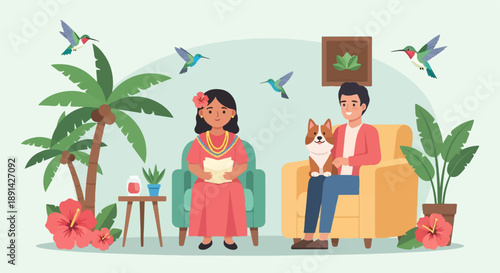 Casual scene with people, pets, plants, and hummingbirds