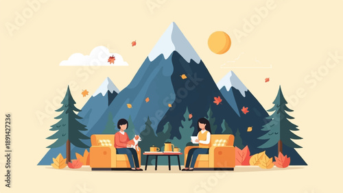 Autumn scene with two people and a dog relaxing outdoors near mountains