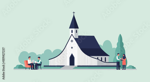 Community gathering outside a church with people interacting and working