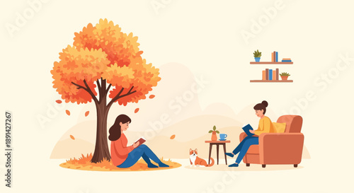 Autumn scene with two women reading books and a dog