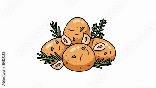 Cartoonish potatoes, herbs, and garlic slices arranged together