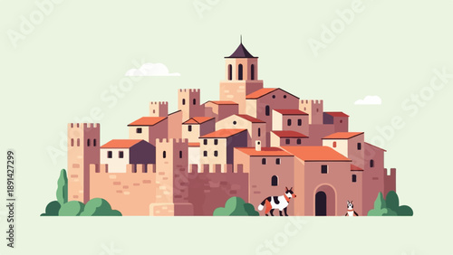 Cartoonish medieval village with towers, houses, and two dogs