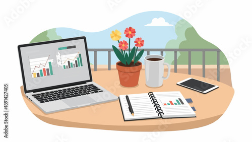 Balcony workspace with laptop, coffee, notebook, and plants under the sky