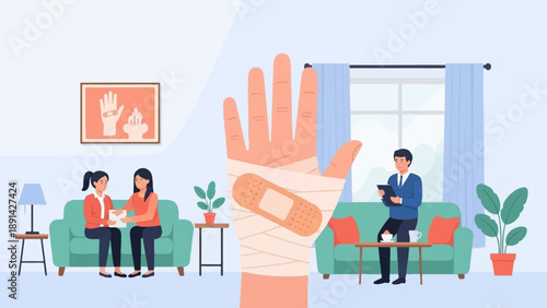 Bandaged hand, doctor, patient, and artwork in living room