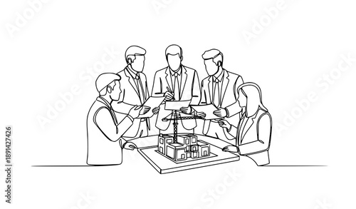 Continuous one line drawing of investors discussing real estate project model