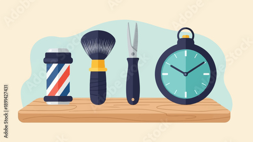 Barber pole, brush, scissors, and clock arranged on shelf