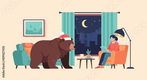 Bear in Santa hat in living room with woman reading by window at night