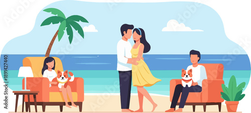 Beachside relaxation a couple embraces, while others lounge with pets