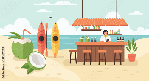 Beachside bar with kayaks, coconuts, and a bartender serving drinks