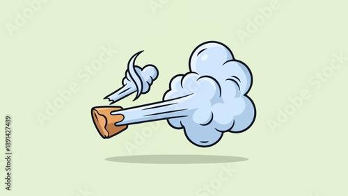 Cartoonish brown object with light blue smoke trails and puffs