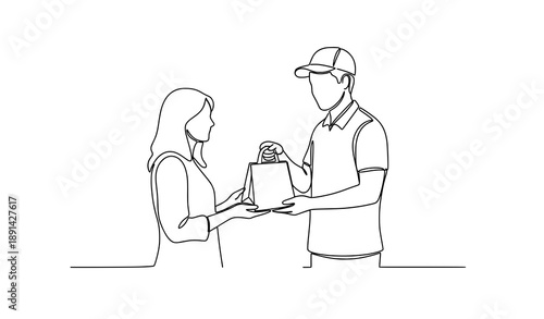 Single line art of delivery man carrying food bag minimalist vector illustration