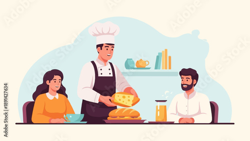 Chef serves cheese sandwich to smiling couple at table