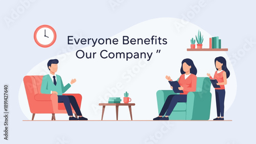 Business meeting with clock and books, emphasizing company benefits