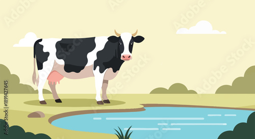 Black and white cow standing in a grassy field with a pond
