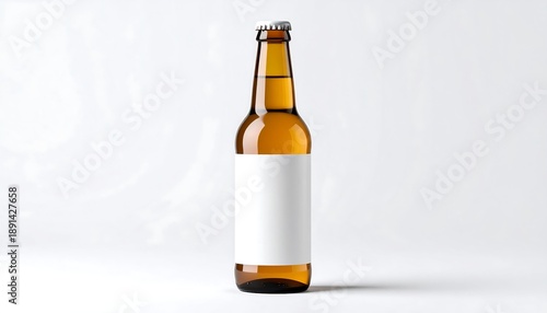 Single amber beer bottle with blank label against white background