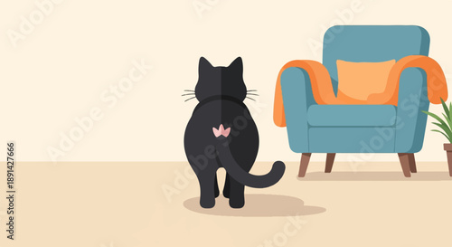 Black cat's rear end faces viewer, with chair and plant