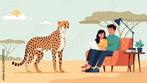 Couple at home with a cheetah and savanna trees in the background