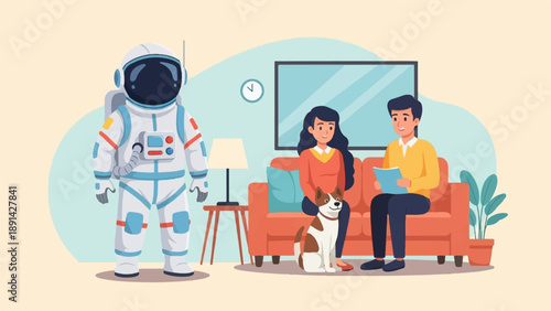 Astronaut with family and dog in living room