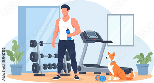 Athletic man with water bottle and dog in home gym with dumbbells and treadmill