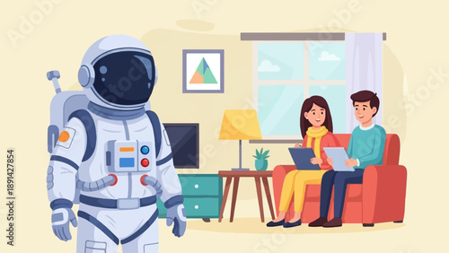 Astronaut stands before a couple in a living room, engaged in discussion