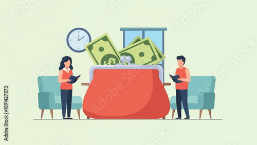 Couple by large purse with cash, clock, chairs, and window