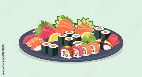 Assortment of sushi and sashimi on a dark blue plate, garnished with lemon and greens