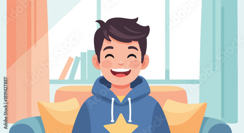 Cheerful young person wearing a blue hoodie with a star, sitting indoors