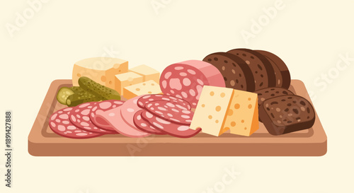 Assortment of sliced meats, cheeses, pickles, and bread on a wooden board