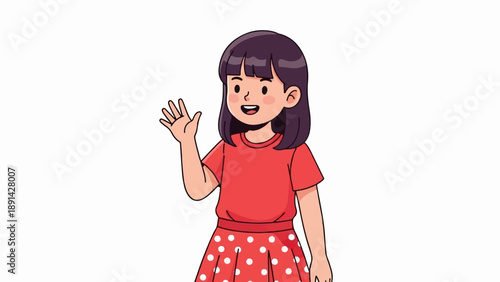 Cheerful young girl in a red top and polka dot skirt waves hello