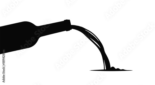 Monochromatic graphic illustration depicting a classic bottle pouring a continuous stream of dark liquid, forming a small puddle on a white background