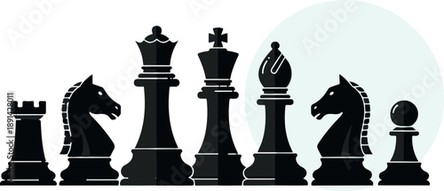 Black chess pieces arranged in a line against a light blue circle