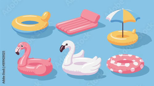 Collection of colorful inflatable pool toys and floats on blue background