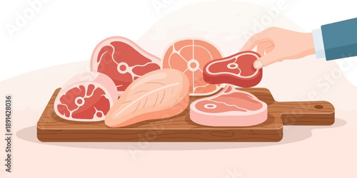 Assortment of raw meat cuts on a wooden board, with a hand selecting one