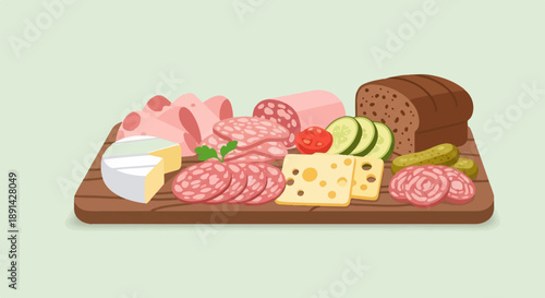 Assortment of meats, cheeses, bread, and vegetables on a wooden board