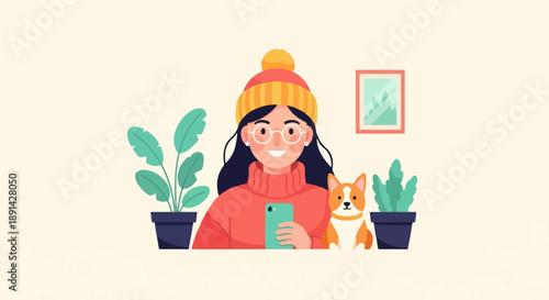 Cheerful woman in winter hat with corgi and plants indoors